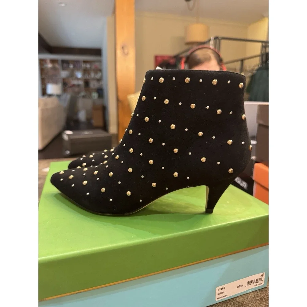 Kate Spade New York BLACK KID SUEDE Women's Starr Ankle Boots Size 7‎ Studded